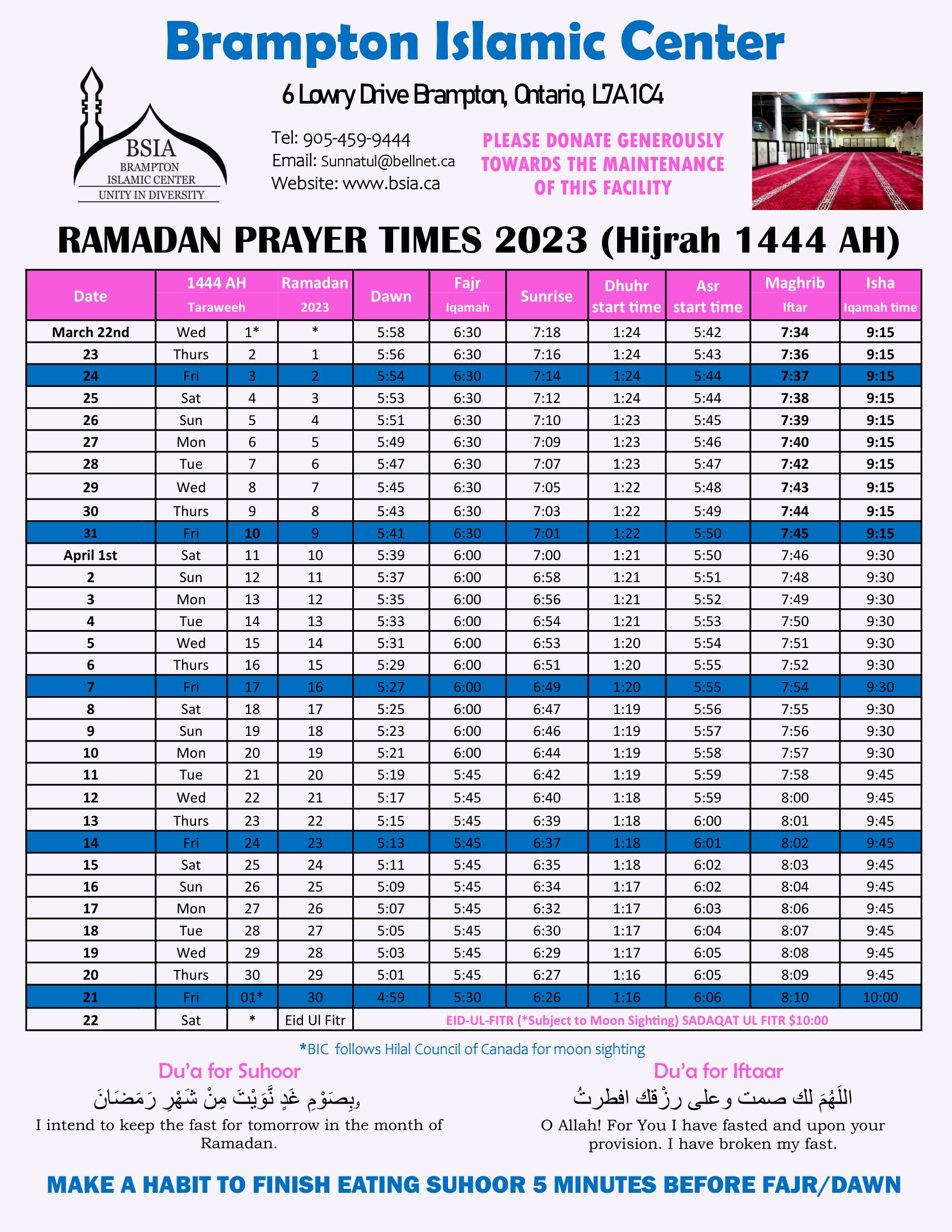 Prayer Time Table